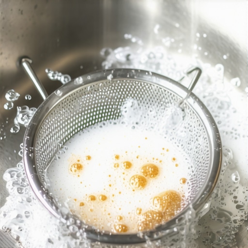 Close-up of a greasy range hood filter being cleaned in a sink with boiling water and baking soda.