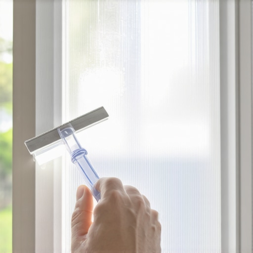 Hand using a plastic tool to remove softened construction gunk from a glass window surface.