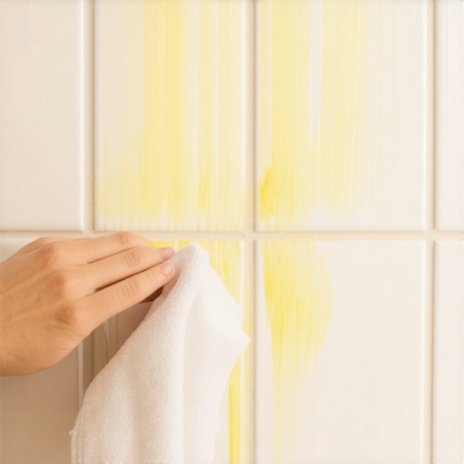Close-up of cleaning grease from a kitchen backsplash with a cloth