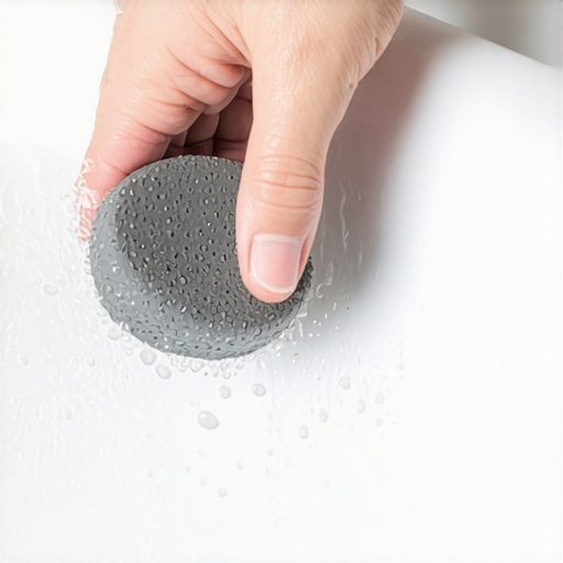 Scrubbing a mineral ring in a toilet bowl with a wet pumice stone.