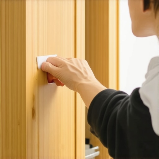 Close-up of a hand scraping grease buildup from the side of a kitchen cabinet