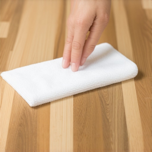 A hand wiping away a cloudy film on a wood floor to reveal the shiny grain underneath.