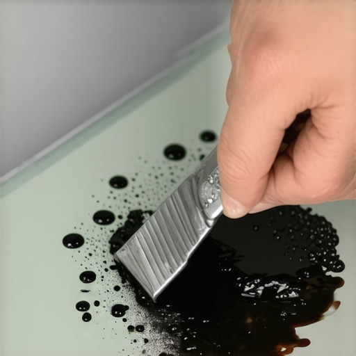 A razor scraper being used to lift melted microfiber residue from a glass cooktop surface.
