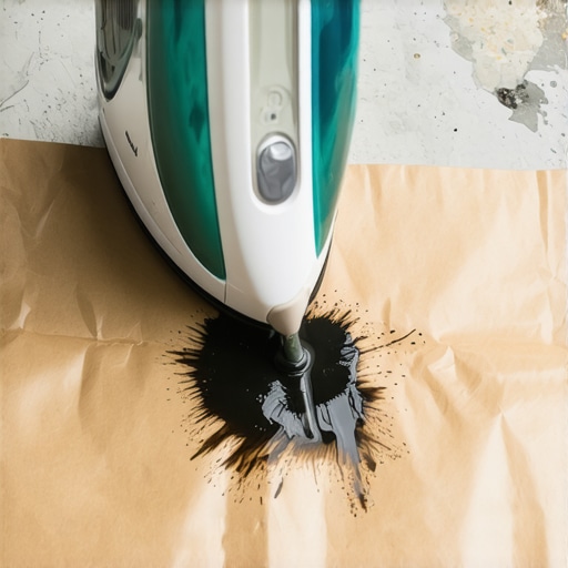 An iron pressing onto a brown paper bag over a concrete floor stain to extract melted candle wax.