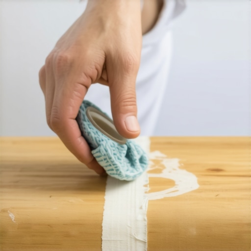 A person using oil and a soft cloth to remove tape residue from a wooden baseboard.