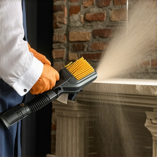 Close up of a HEPA vacuum nozzle and brush removing red brick dust from stone fireplace