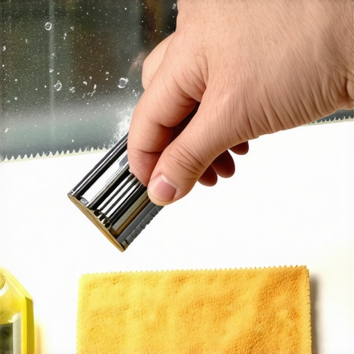 Close up of a razor blade scraping glue from a window.