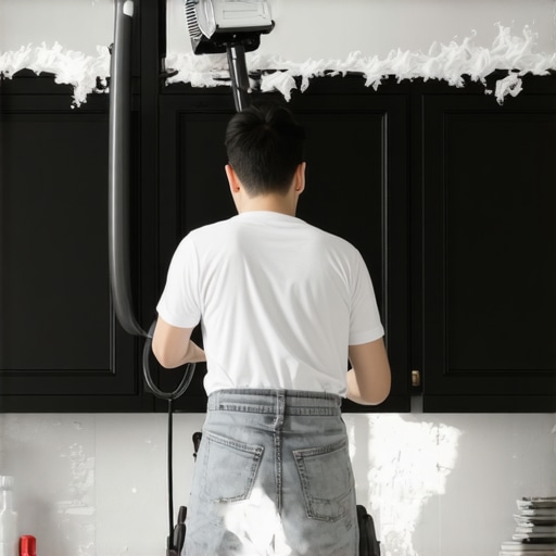 A person using a HEPA vacuum to clean fine construction dust from the top of kitchen cabinets.