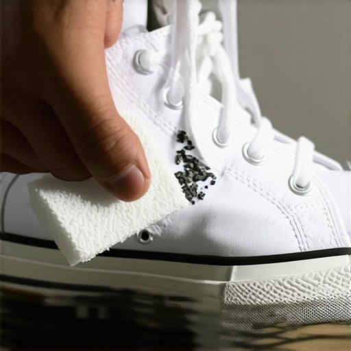 A person using a white eraser to clean a black scuff mark off a white leather sneaker.