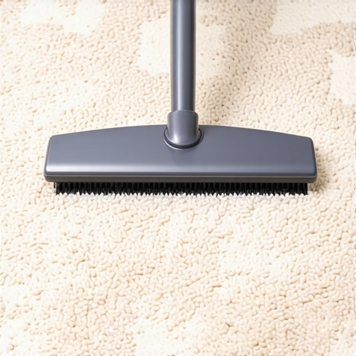 Close-up of a carpet rake lifting matted carpet fibers in a high-traffic hallway.