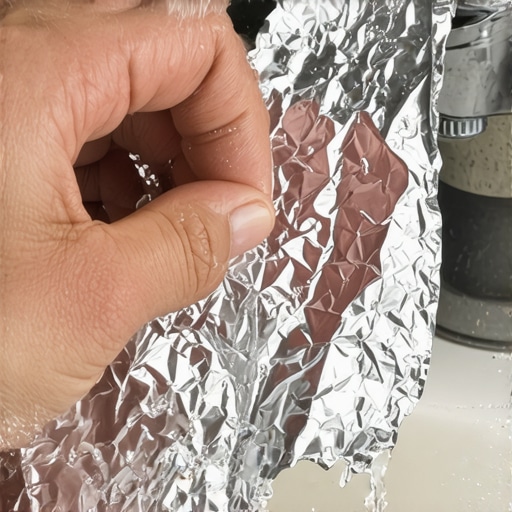 A person using aluminum foil to remove rust from a bathroom faucet.