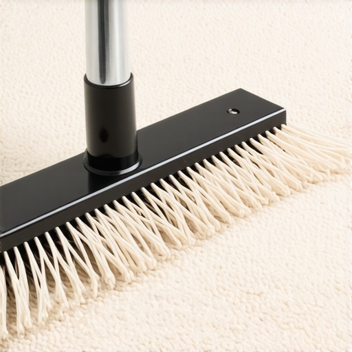 A person using a carpet rake on a deep-pile shag rug to lift and separate fibers.