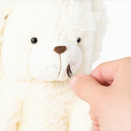 A person grooming a plush toy with a slicker brush to restore softness.