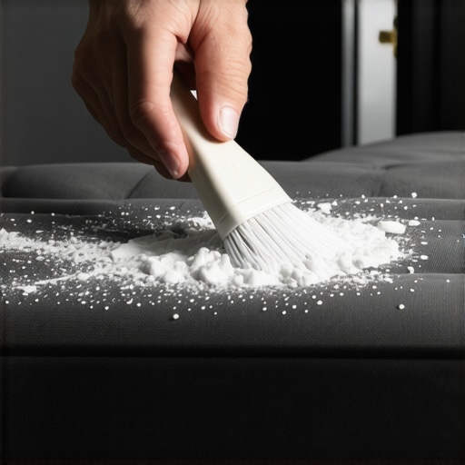 Applying baking soda to a fabric sofa to remove pet odors