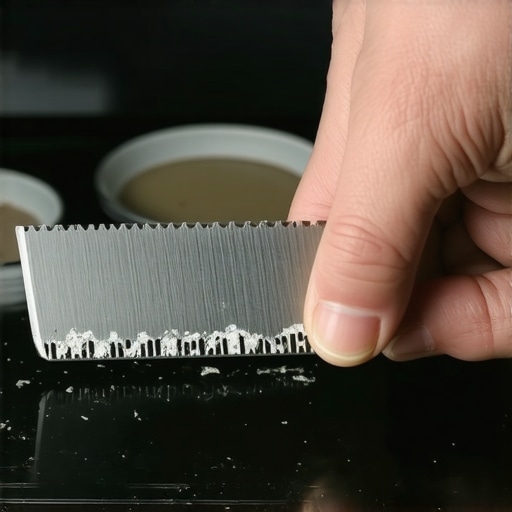 Close-up of a person using a razor blade at a 45-degree angle to safely remove burnt milk residue from a glass cooktop.
