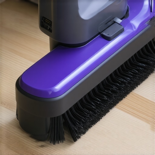 Close up of a suction-only vacuum head with soft bristles on vinyl flooring.