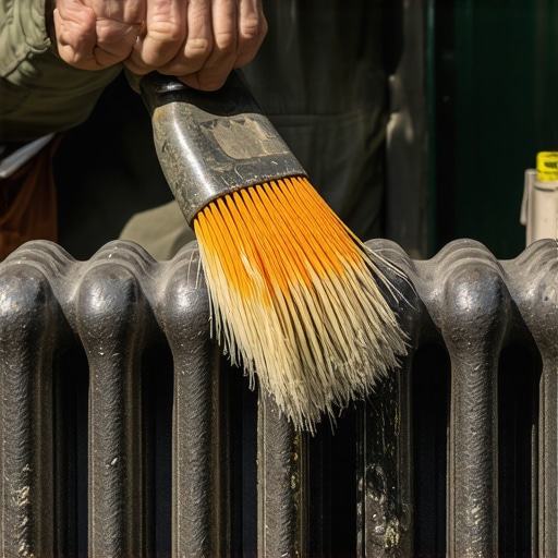 A hand using a wire brush to clean a rusty cast iron radiator