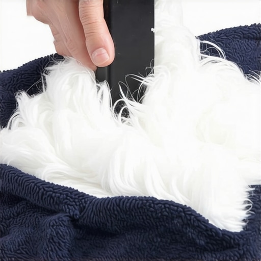 Hand using a rubber squeegee tool to remove white pet fur from a blue fleece blanket surface