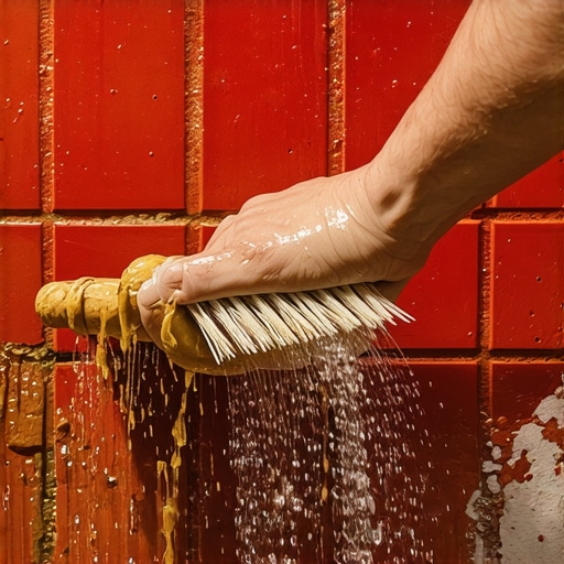 Close-up of a brush cleaning mud off a red brick wall with soapy water.