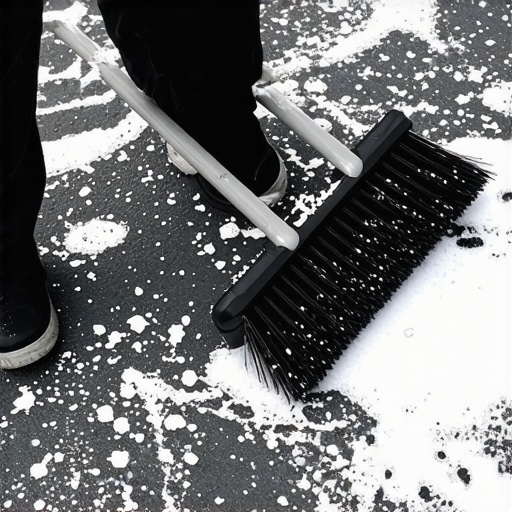 A person scrubbing white salt residue off a charcoal entry mat with a stiff brush and cleaning solution.