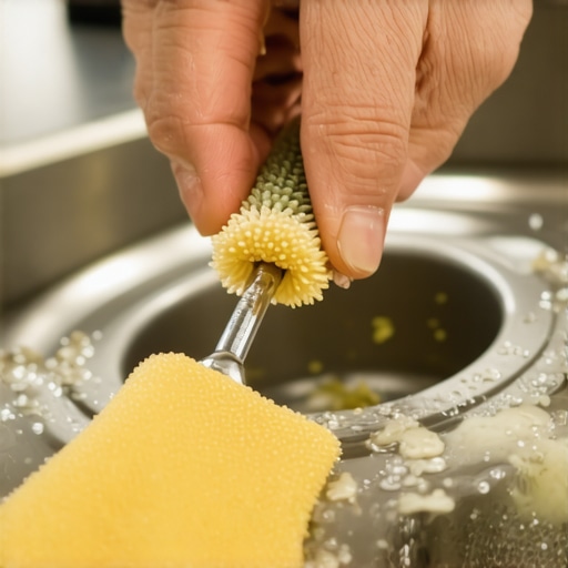 A close-up of a person cleaning a sink drain with a stiff brush to remove fruit fly breeding grounds.