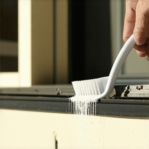 A person cleaning fine white dust from window tracks using a toothbrush.