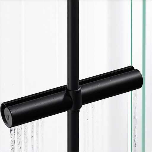 A black silicone squeegee hanging on a glass shower door to prevent mineral buildup and hard water spots.