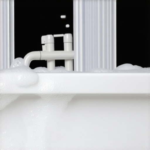 A bathtub filled with lukewarm water and fabric blinds soaking to remove dust and odors.