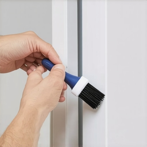 Close up of a flexible brush cleaning the deep folds of a white rubber refrigerator door seal