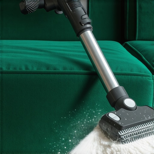 Close up of a vacuum brush removing fine white dust from green velvet upholstery