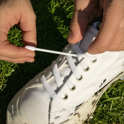 Applying rubbing alcohol to a grass stain on a white shoe