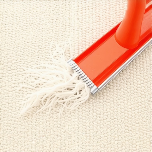 A rubber squeegee being used to pull hidden pet hair from a carpet.