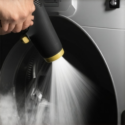 A handheld steam cleaner sanitizing the rubber seal of a washing machine.