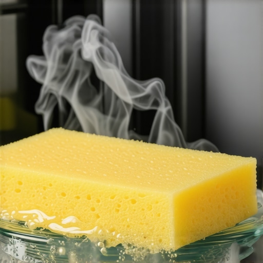A saturated kitchen sponge steaming inside a microwave to kill bacteria.
