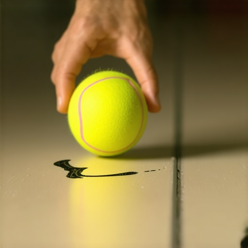 A person using a tennis ball to remove a black scuff mark from a kitchen linoleum floor.