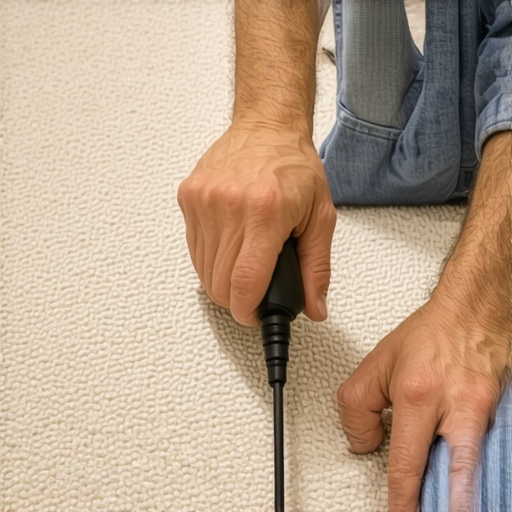 A digital moisture meter being used to check if a carpet is dry after restoring a furniture dent.