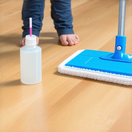 A person using a pH test strip to ensure safe cleaning levels on hardwood flooring.