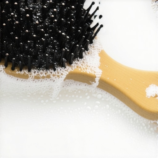 A hairbrush soaking in a baking soda and water solution to remove buildup.