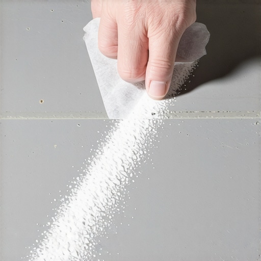 Close-up of a tape test being performed on a concrete floor to check for remaining fine dust particles.