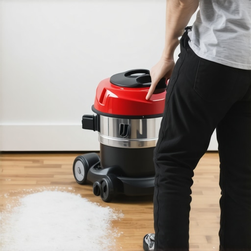 Professional shop vacuum cleaning fine white construction dust from hardwood floors.