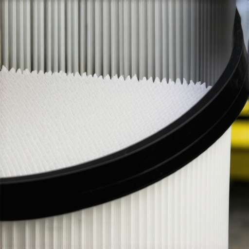 Close up of a vacuum filter clogged with fine white drywall dust.