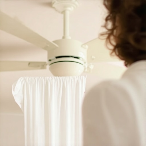 Using a pillowcase to clean grease and dust off a ceiling fan blade