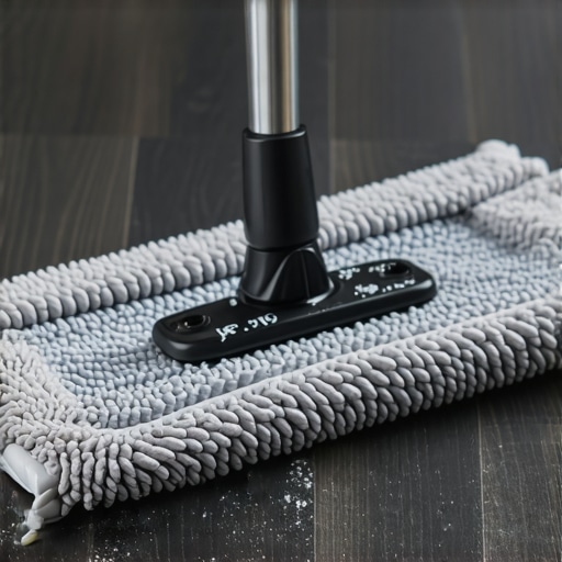 Close up of a dirty mop head with grey construction dust on hardwood floors