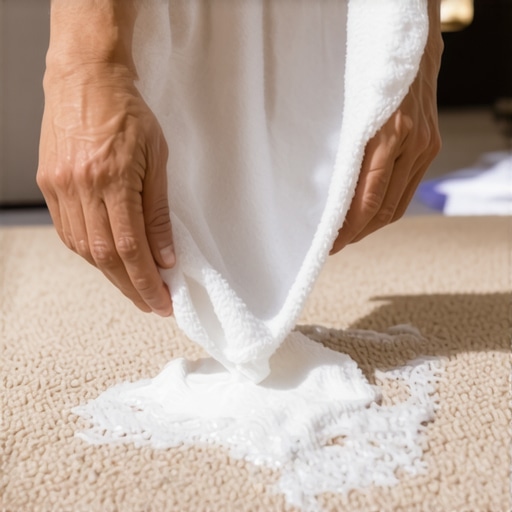 Close up of white towel blotting a spill on carpet