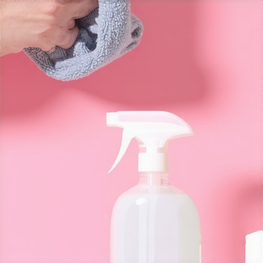 A person demonstrating the S-pattern wiping technique on a bathroom mirror with a microfiber cloth.