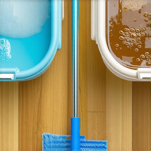 Comparison of clean soapy water and dirty rinse water buckets for effective floor mopping.