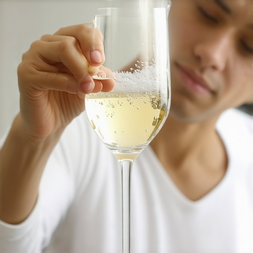 A cloudy wine glass being cleaned with vinegar to test for hard water mineral buildup.