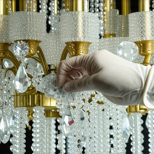 The White Glove Chandelier Cleaning Method Hands in white gloves cleaning a crystal chandelier prism