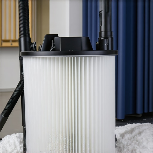 Close up of a dirty HEPA filter clogged with white construction dust