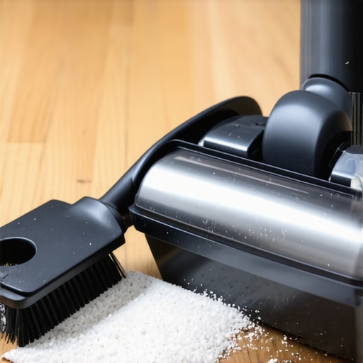 Clogged vacuum filter with fine white drywall dust and a cleaning brush.
